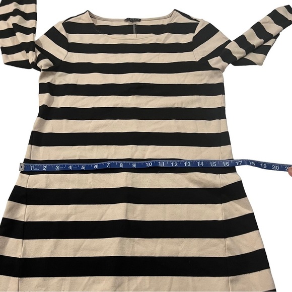 Theory Women Cream & Black Striped Long Sleeve Round Neck Mini Shift Dress Sz M - Picture 9 of 15